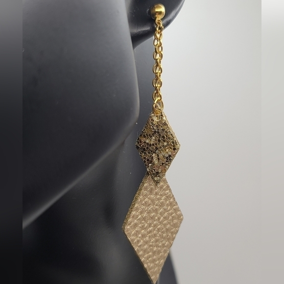 VEGAN Leather Dangle Post Earrings In Gold And Metallic Cream - Picture 8 of 10
